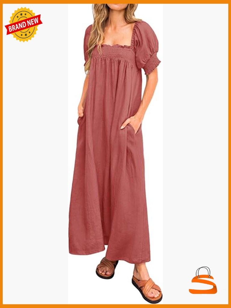 Women 2026 Summer Maxi Dress Puff Sleeve Square Neck Maternity Flowy Beach